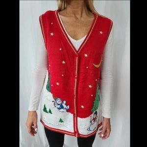 Womens M, Red, Green, More Colors Snowman & Tree Christmas Sweater Vest.